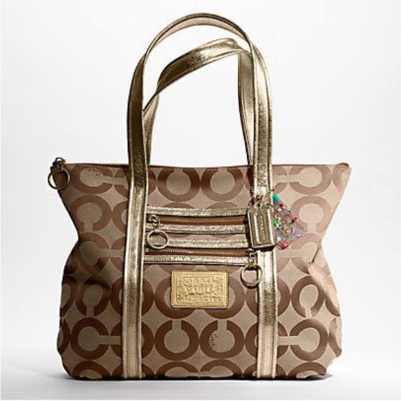 Coach Handbags - Coach Poppy C op art glam bronze metallic leather brown jacquard canvas tote bag